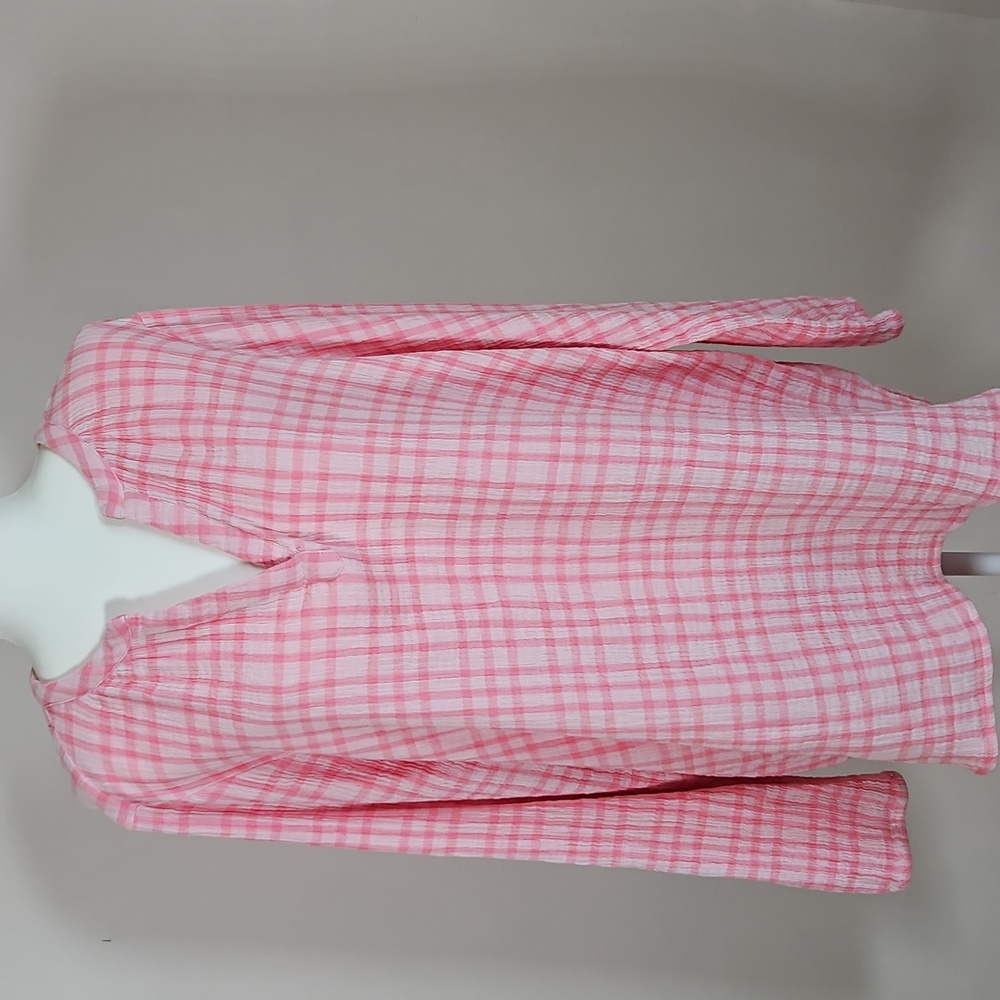 Belle Kim Gravel 3X Popover Tunic Top Cotton Gauze Pink Plaid Casual Summer